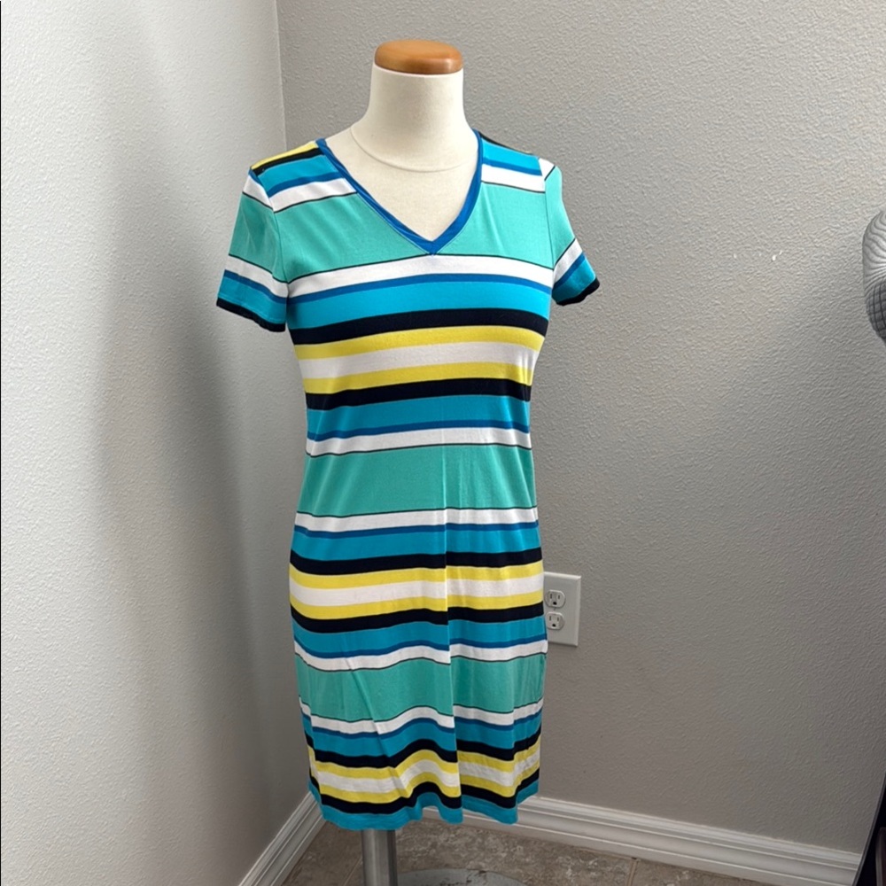 Jones New York Striped Dress - Teal, Blue, Yellow, White